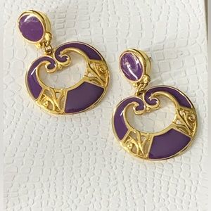 Vintage Edgar Berebi Dangle Earrings Gold Tone Purple Enamel